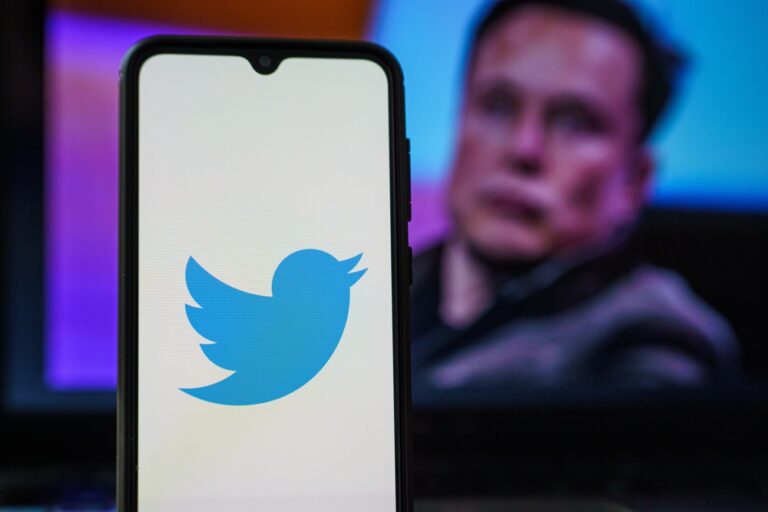 Logo Twitteru na chytrém telefonu a Elon Musk v pozadí.