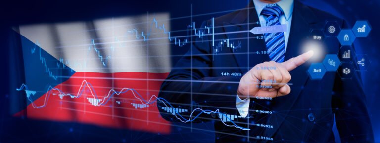 Podnikatel a finanční dashboard. V pozadí je vlajka České republiky.