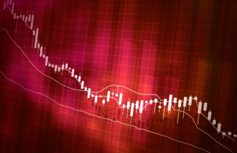 Obrázek mapy poklesu cen akcií, červená barva, koncept poklesu globálních akcií