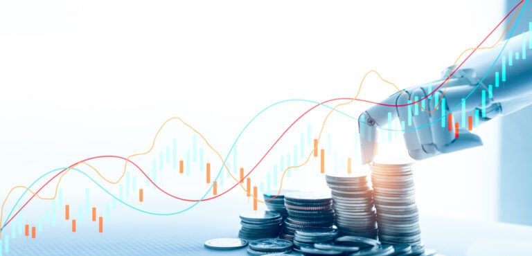 Koncept AI (umělé inteligence), robotická ruka, technologické akcie