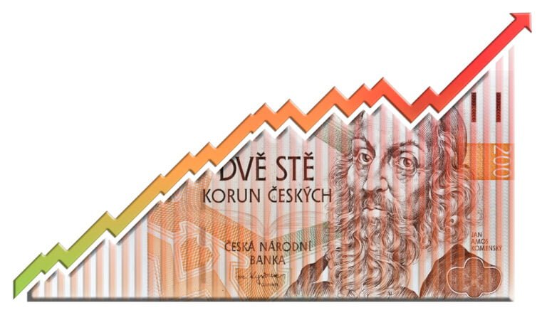 Česká bankovka v hodnotě dvě stě korun spojená se šipkou, které společně tvoří rostoucí graf, koncept rostoucích úrokových sazeb v ČR