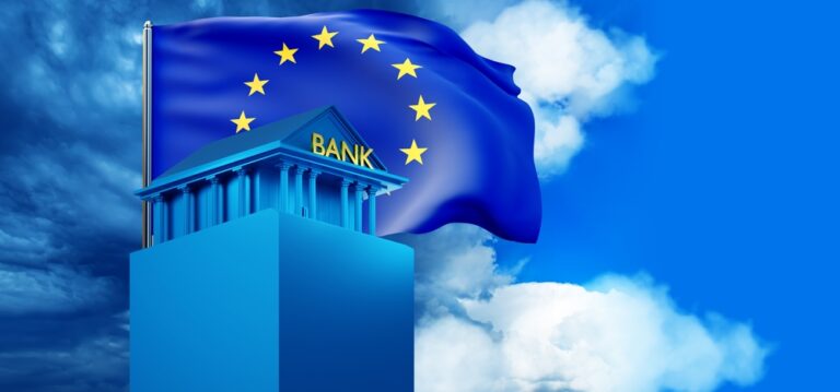 Budova banky ECB a vlajka Evropské unie. Řídící finanční instituce EU.