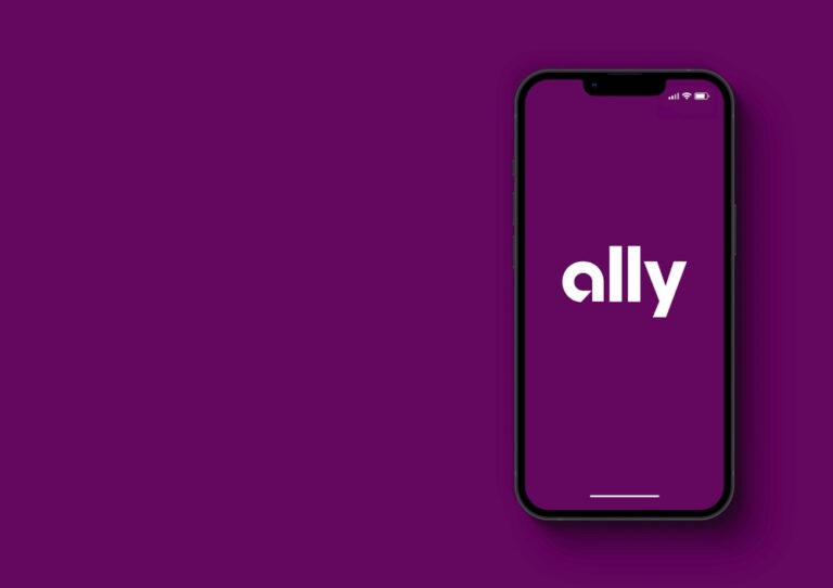 Aplikace Ally Financial na obrazovce smartphonu iPhone. Fialové pozadí