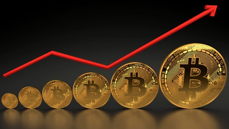 Bitcoin a rostoucí cenový graf, koncept rostoucí tržní hodnoty Bitocinu