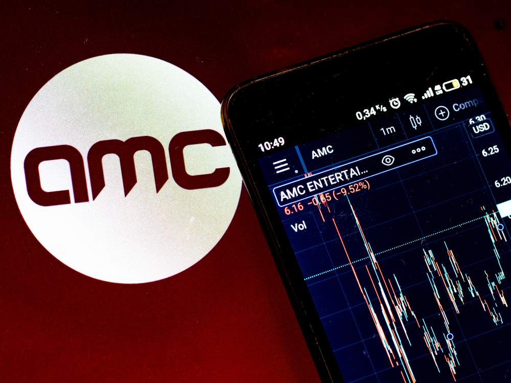 Na chytrém telefonu zobrazují informace o akciích společnosti AMC Entertainment Holdings, akcie AMC