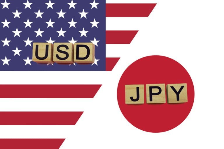 Kódy amerických a japonských měn na pozadí státních vlajek. Měny USD a JPY