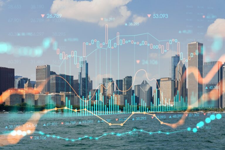 Pohled na město a mrakodrapy v centru amerického města Chicaga. Koncept robustní ekonomiky