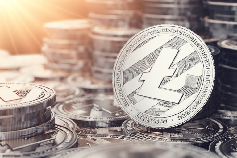 Detailní záběr na minci kryptoměny Litecoin. Koncept růstu hodnoty Litecoinu