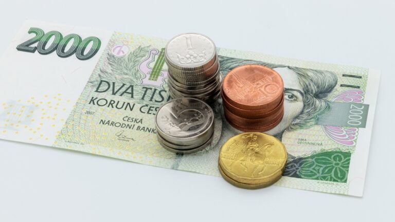 České bankovky a mince na bílém pozadí, kocept české ekonomiky