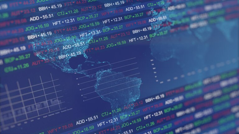 Akciové burzy s grafy a tabulkami, globální trhy