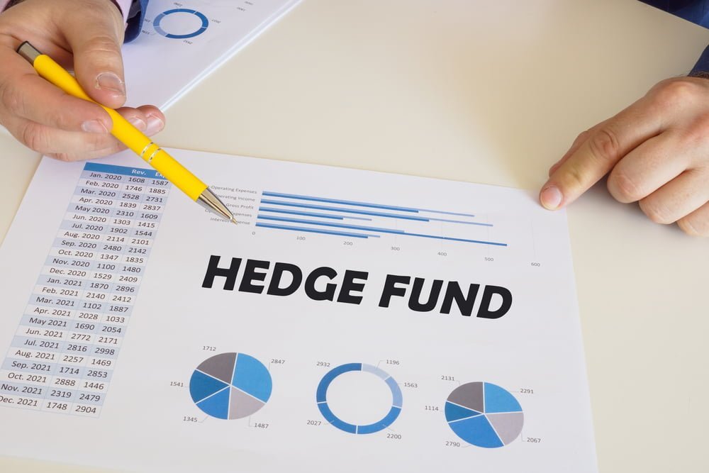 Ruka držící žlutou propisku ukazující na kus papíru, kde je napsán hedge fond v angličtině, statistiky a portfolia
