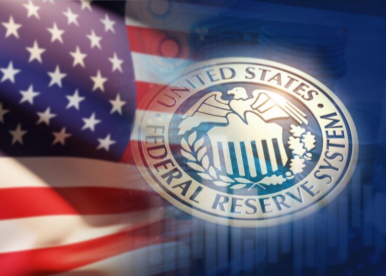 Vlajka USA a symbol centrální banky FED