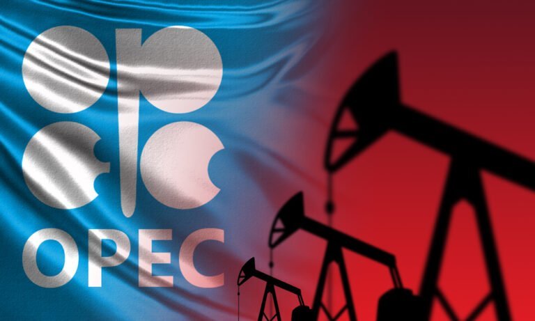 Organizace zemí vyvážejících ropu OPEC. Logo OPEC vedle ropných plošin, siluety ropných čerpadel.