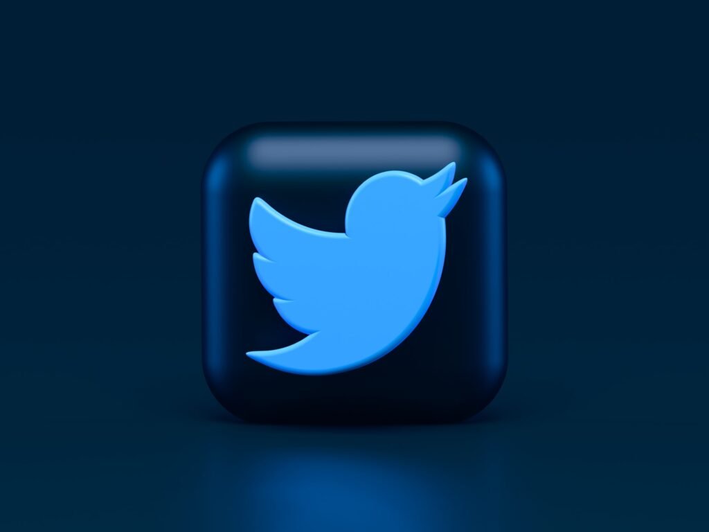 Logo sociální sítě Twitter, s modrým ptákem. Akcie Twitteru